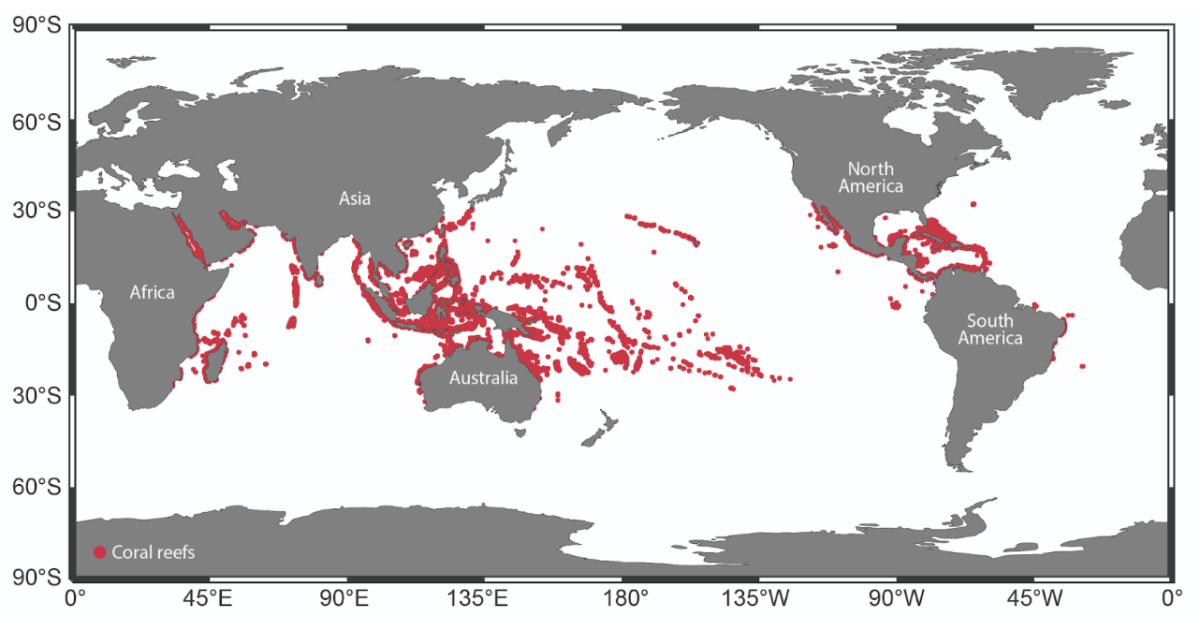 Each dot represents a major coral reef site.
Credit: NOAA’s Coral Reef Conservation Program